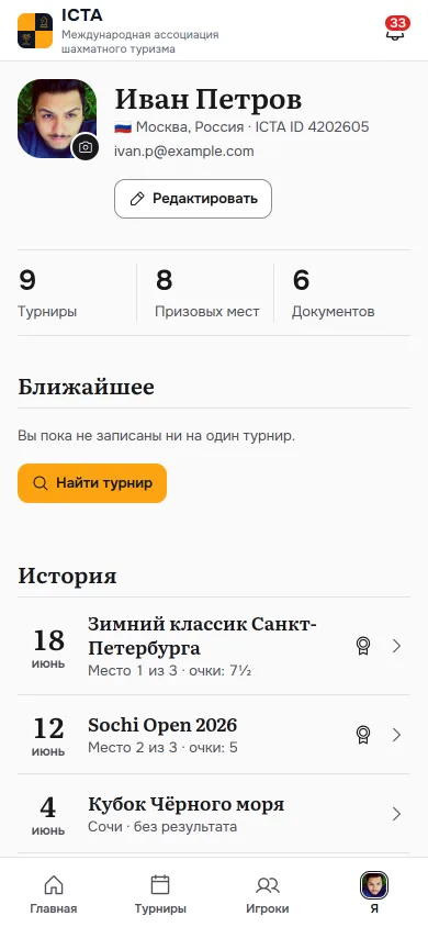 Профиль игрока: статистика, ближайшие турниры и история результатов