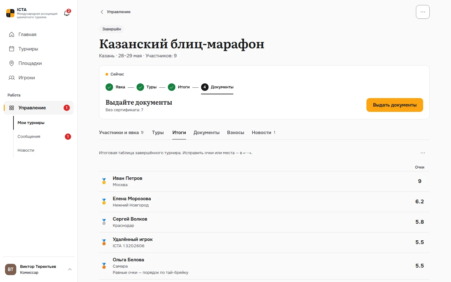 Пульт комиссара: этапы турнира и итоговая таблица